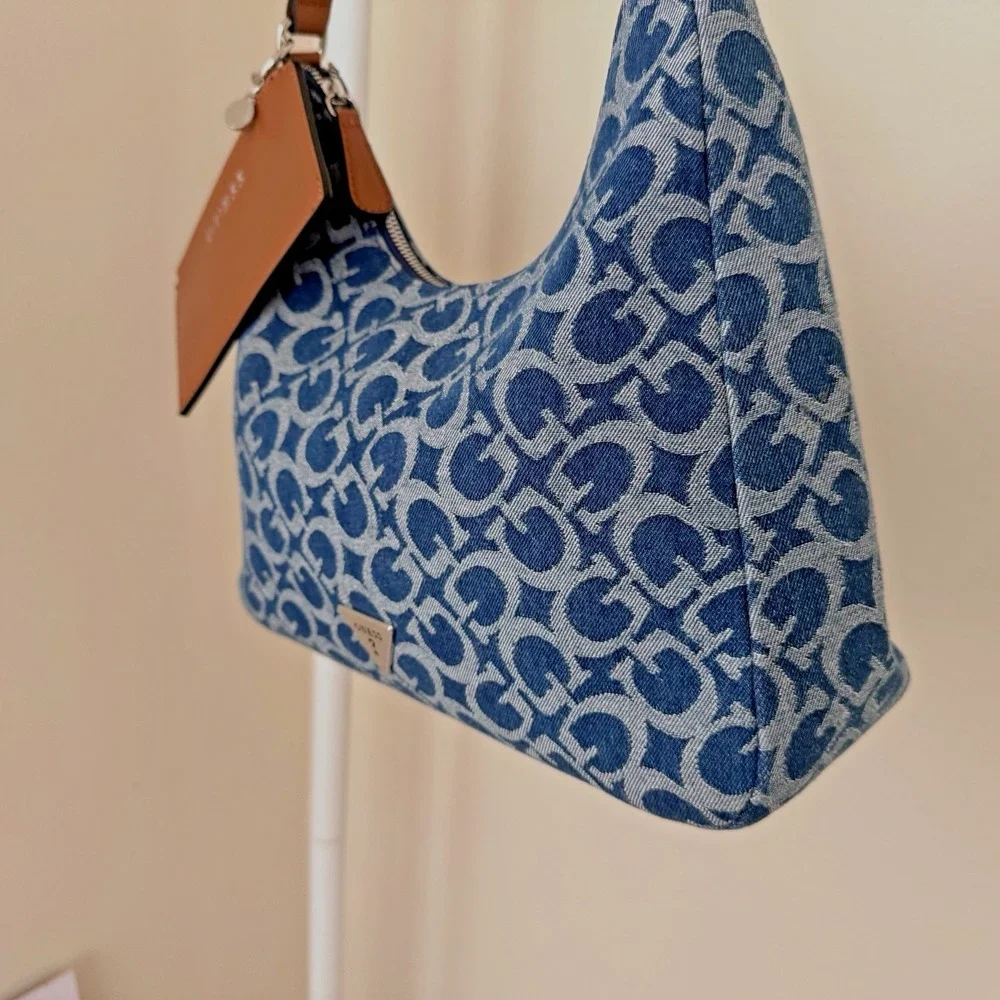Guess Hobo Shoulder Bag Denim Blue Print Satchel Wells W/ Small Zip Card Pouch